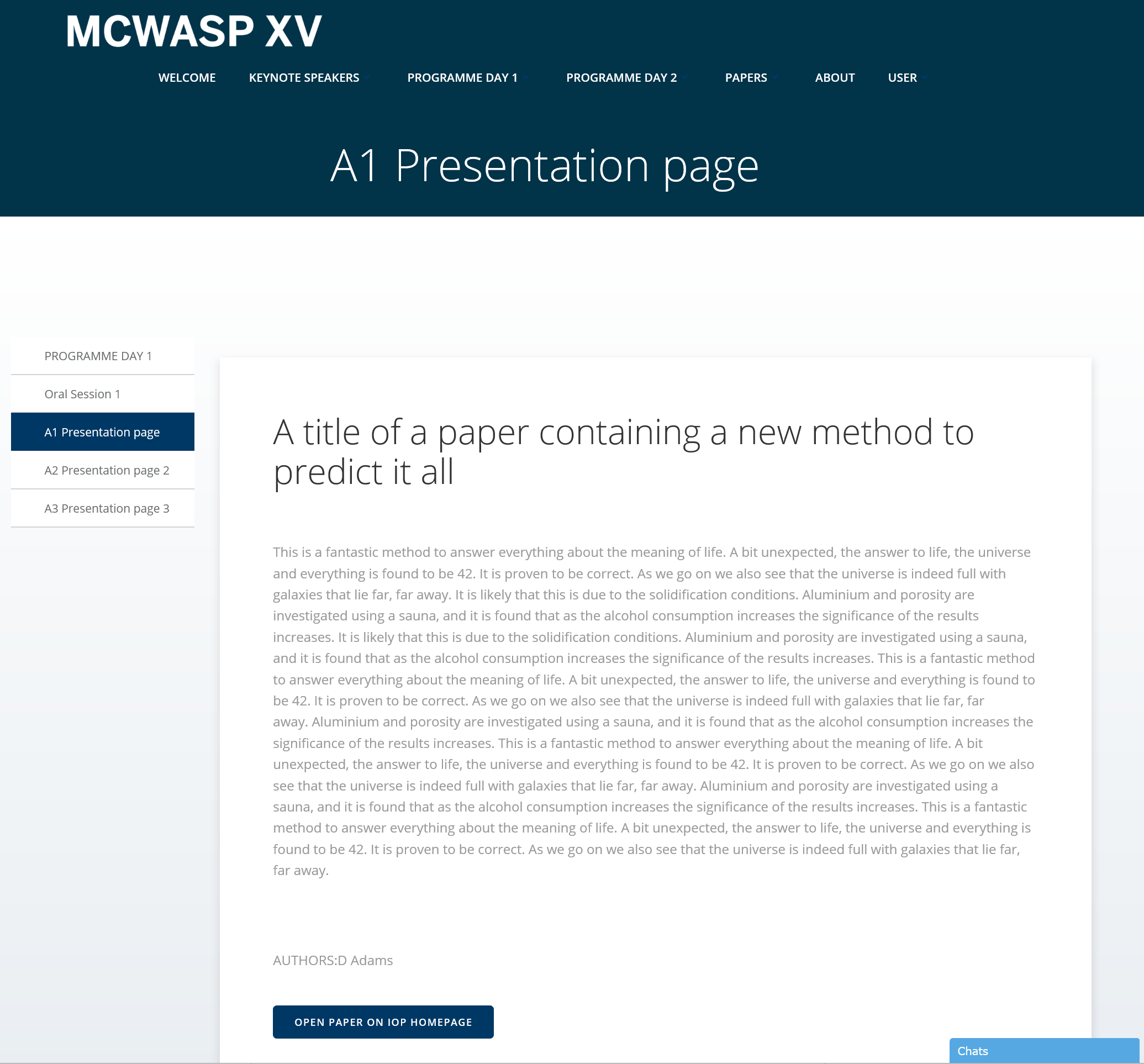 Example of a default Presentation page, containing the Abstract and name of the Authors and a link to the online publication.