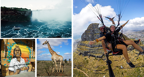 several pictures of exchange studies including landscapes, a giraffe and a woman skydiving