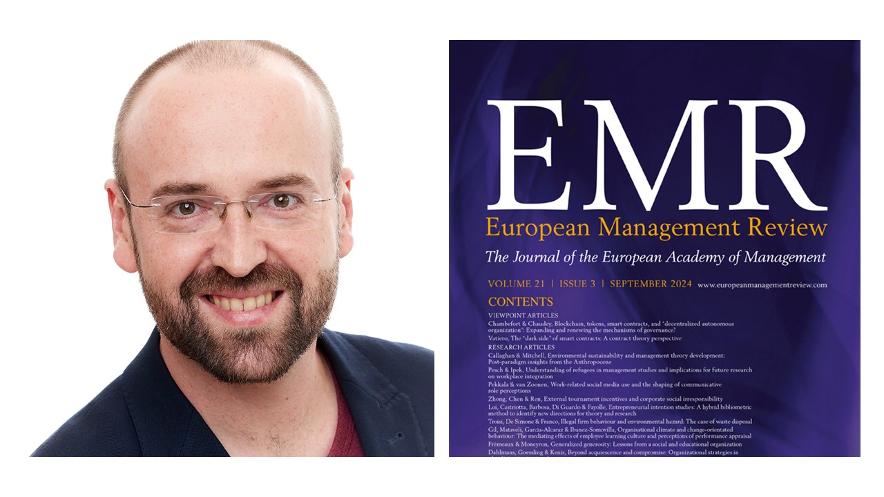Man smiling to camera and a journal cover for the European Management Review
